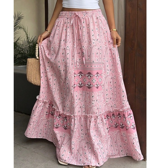 Boho Pink Floral Print Stretchy waist Ruffle Hem Maxi Skirt - Picture 1 of 5